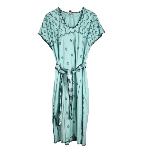 ZARA Green Embroidered Maxi Dress Short Sleeves Size Small - Picture 2 of 12